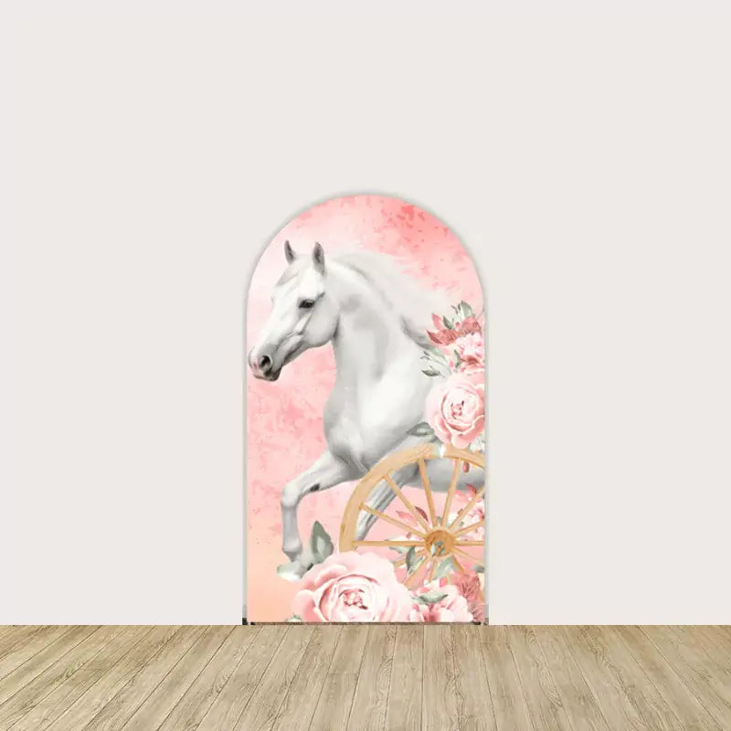 Arch panel with a graceful white horse, pink floral roses, and a wooden wagon wheel on a pink ranch-style background.