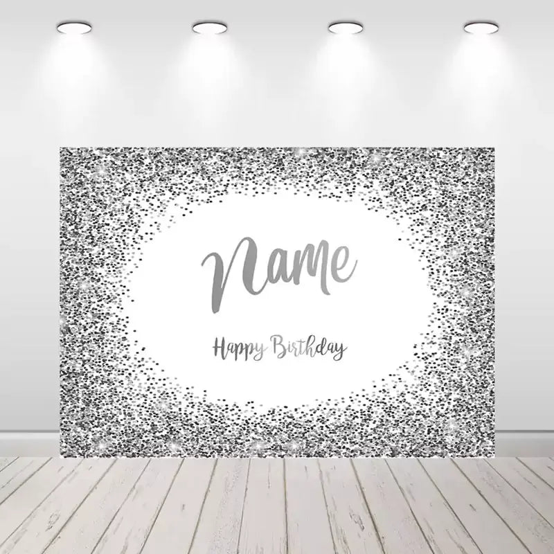 White and silver glitter birthday backdrop with sparkling confetti border and customizable name text – perfect for elegant and neutral-toned parties