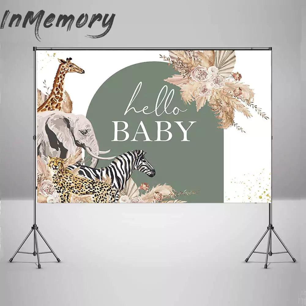 Hello Baby banner featuring wild jungle animals and boho greenery for a gender-neutral baby shower.