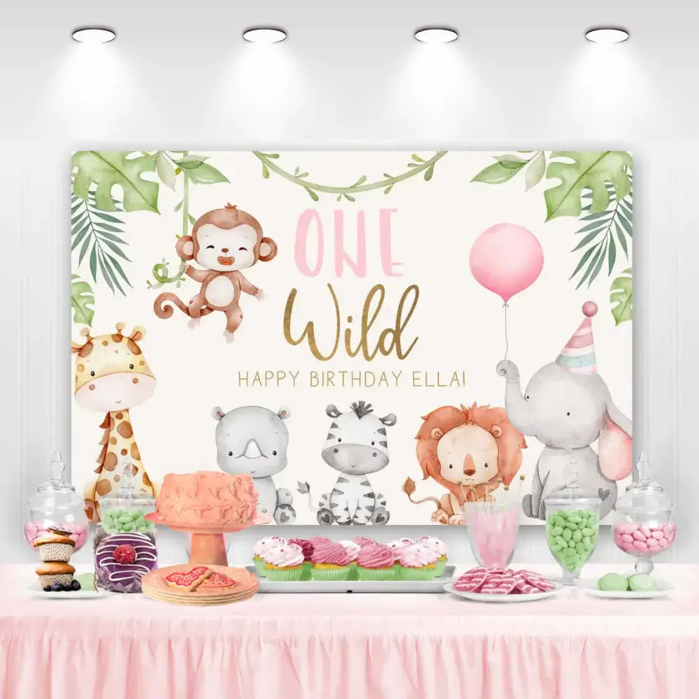 Wild One birthday party banner with jungle animals including monkey, giraffe, zebra, lion, elephant – customizable backdrop for first birthday celebration