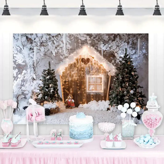 Winter wonderland Christmas backdrop with snowy cottage, twinkling lights, and festive trees – perfect for holiday parties and photo booths
