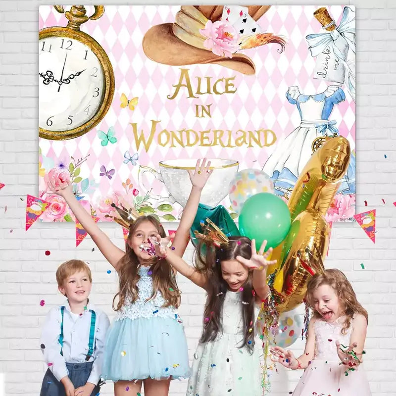 Whimsical birthday party backdrop inspired by Alice in Wonderland featuring tea party elements, 'Drink Me' bottle, playing cards, and butterflies – ideal for themed events.