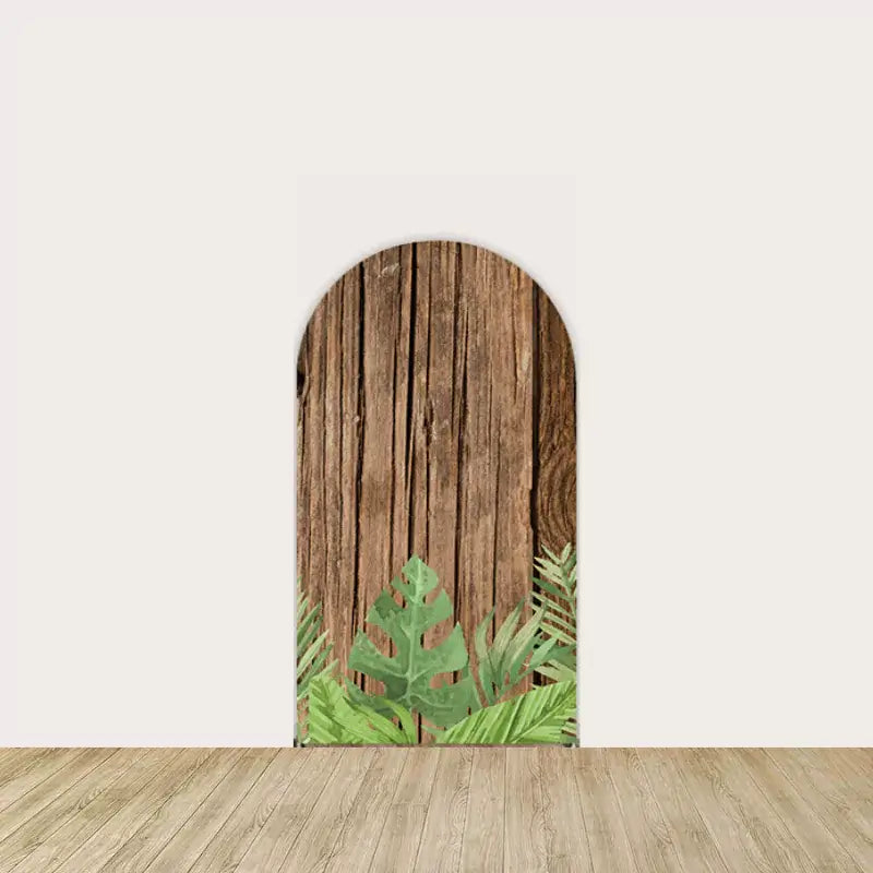 Right panel with a vertical wood plank background, jungle leaves, and lush greenery at the bottom.