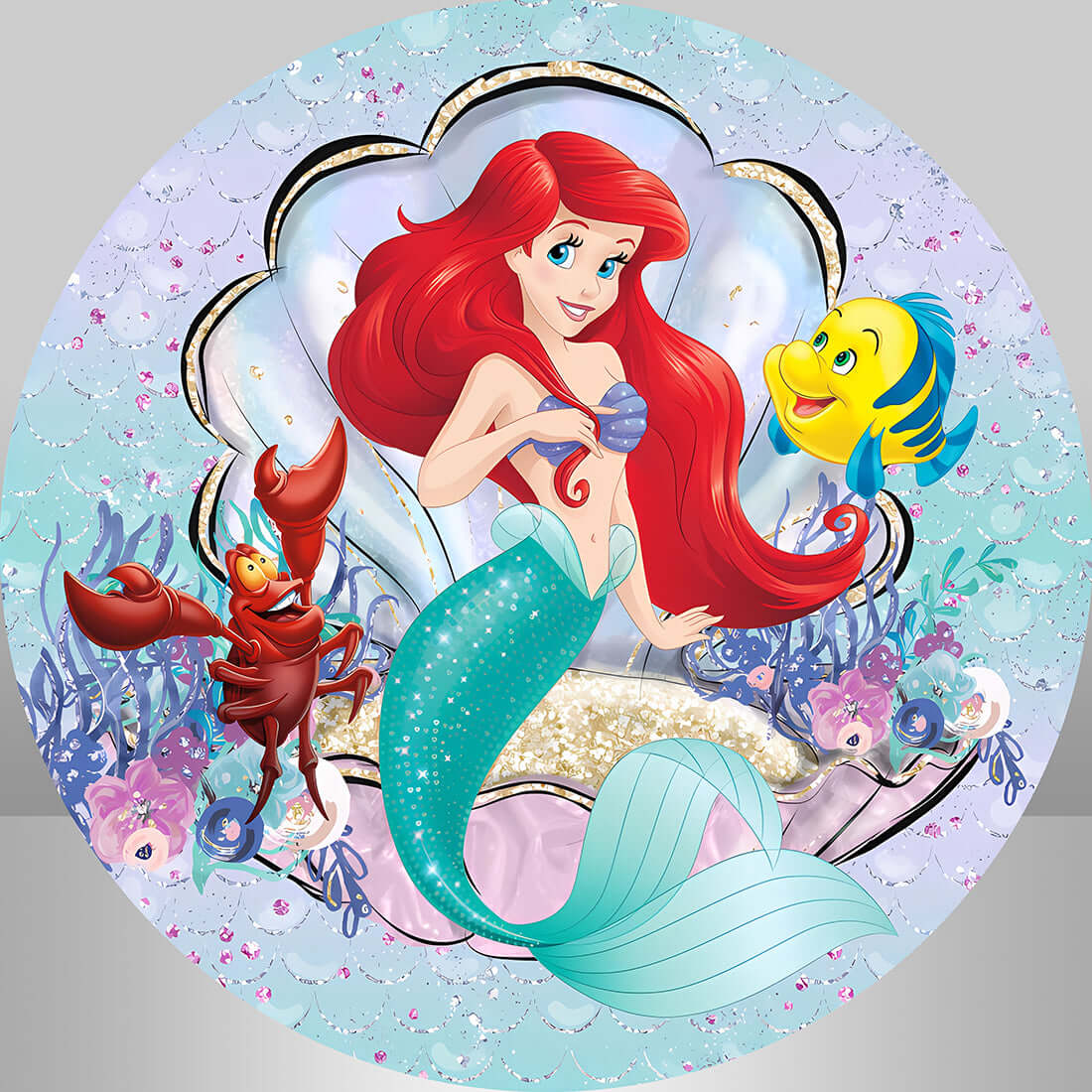 Under The Sea Little Mermaid Round Backdrop Cover Glitter Fish Scales Bubble Girls Birthday Party Background Customized