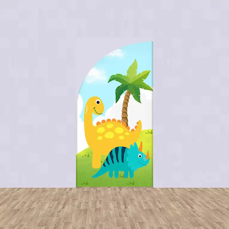 Left arch panel with yellow and blue cartoon dinosaurs standing near a palm tree in a grassy field with blue sky and clouds.