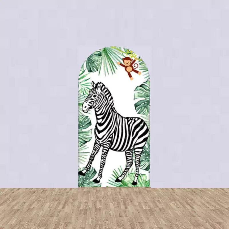 Right arch with a zebra and hanging monkey among tropical greenery – great for jungle baby shower or first birthday party theme.