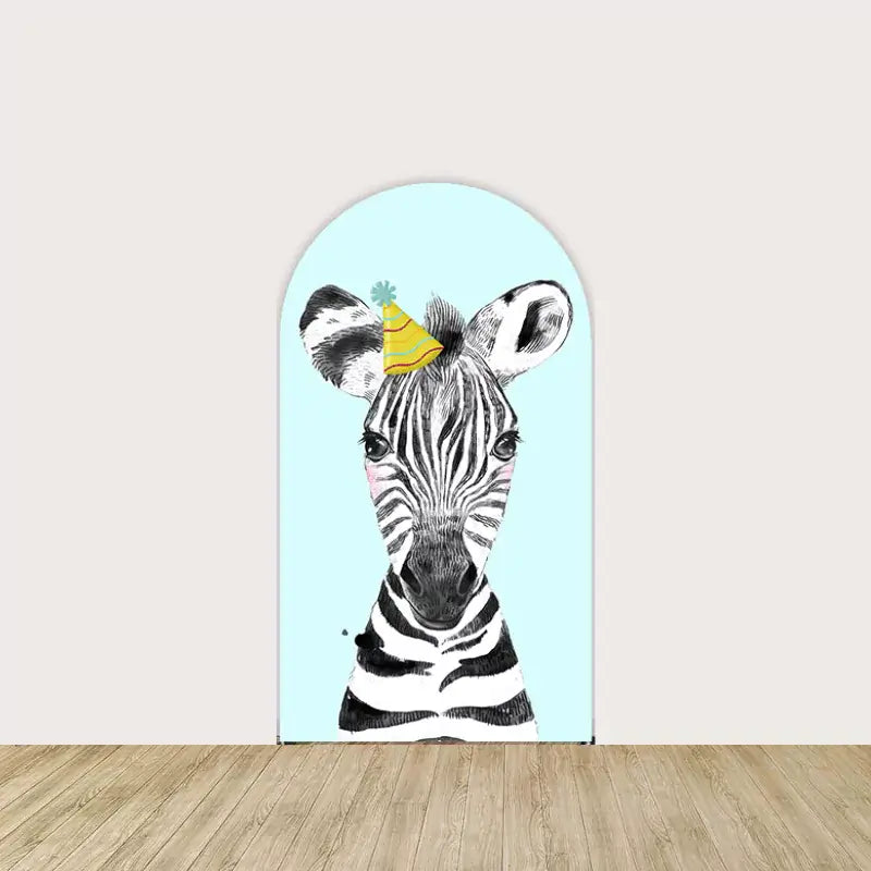 Left panel featuring a hand-drawn zebra wearing a party hat on a soft blue background—perfect for safari-themed birthday parties.