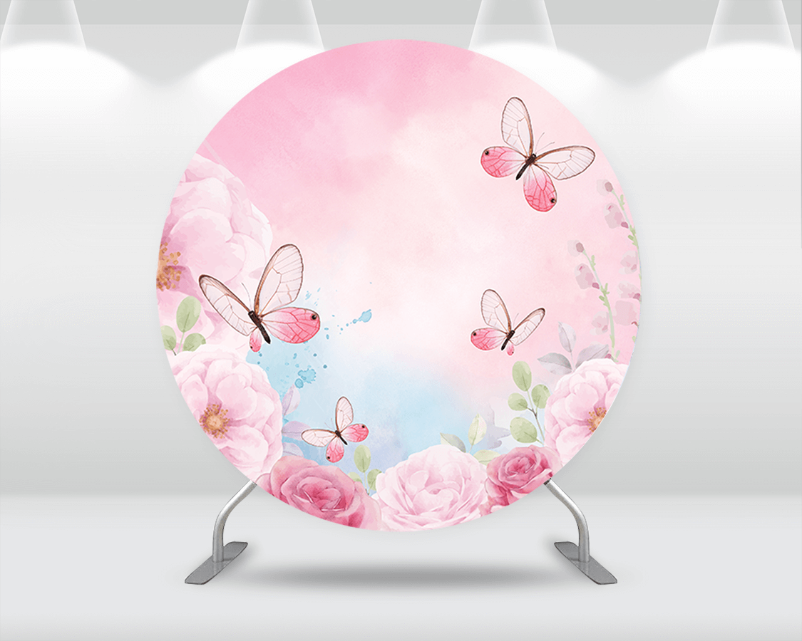 Sensfun Round Circle Birthday Party Backdrop for Photography Flower Butterfly Women Happy Birthday Photo Background Table Cover