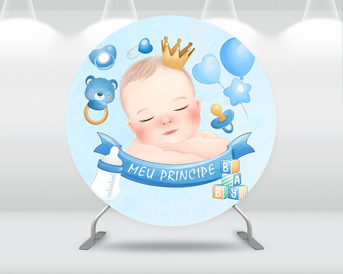 Sensfun Blue Boy Baby Shower Round Backdrop Cover Kids Birthday Party Decoration Carousel Prince Background Pillar Pedestal Covers