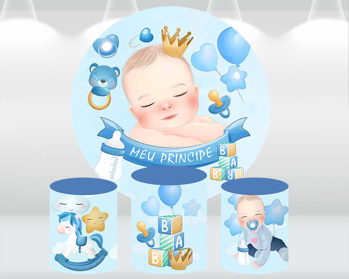 Sensfun Blue Boy Baby Shower Round Backdrop Cover Kids Birthday Party Decoration Carousel Prince Background Pillar Pedestal Covers