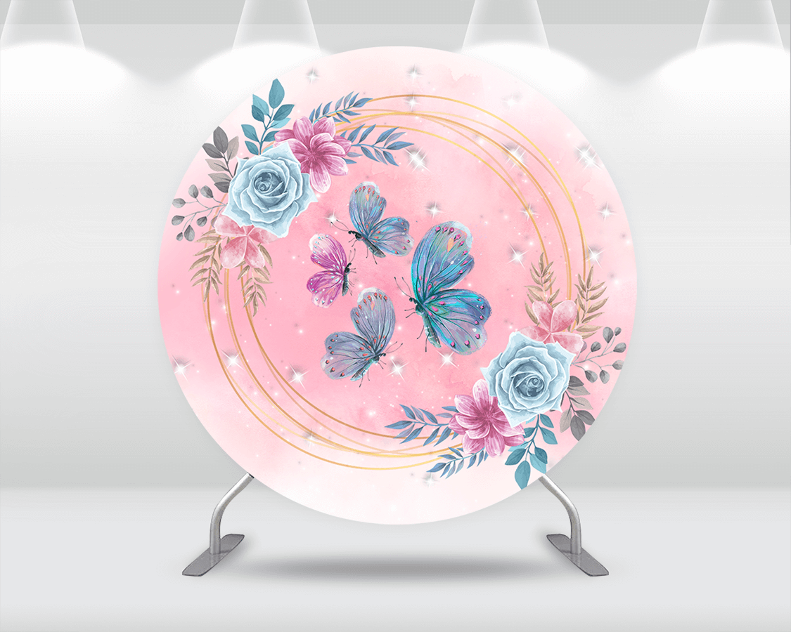 Princess Girl Birthday Round Backdrops Banners Pink Watercolor Glitter Butterfly Fairy Circle Photography Backgrounds Table Plinth Covers