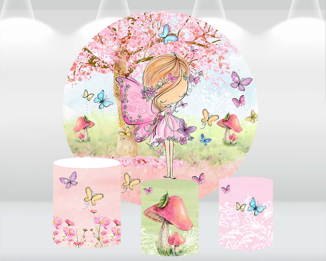 Girl Birthday Photography Round Backdrops Banners Watercolor Colorful Butterfly Fairy Circle Backgrounds Table Plinth Covers