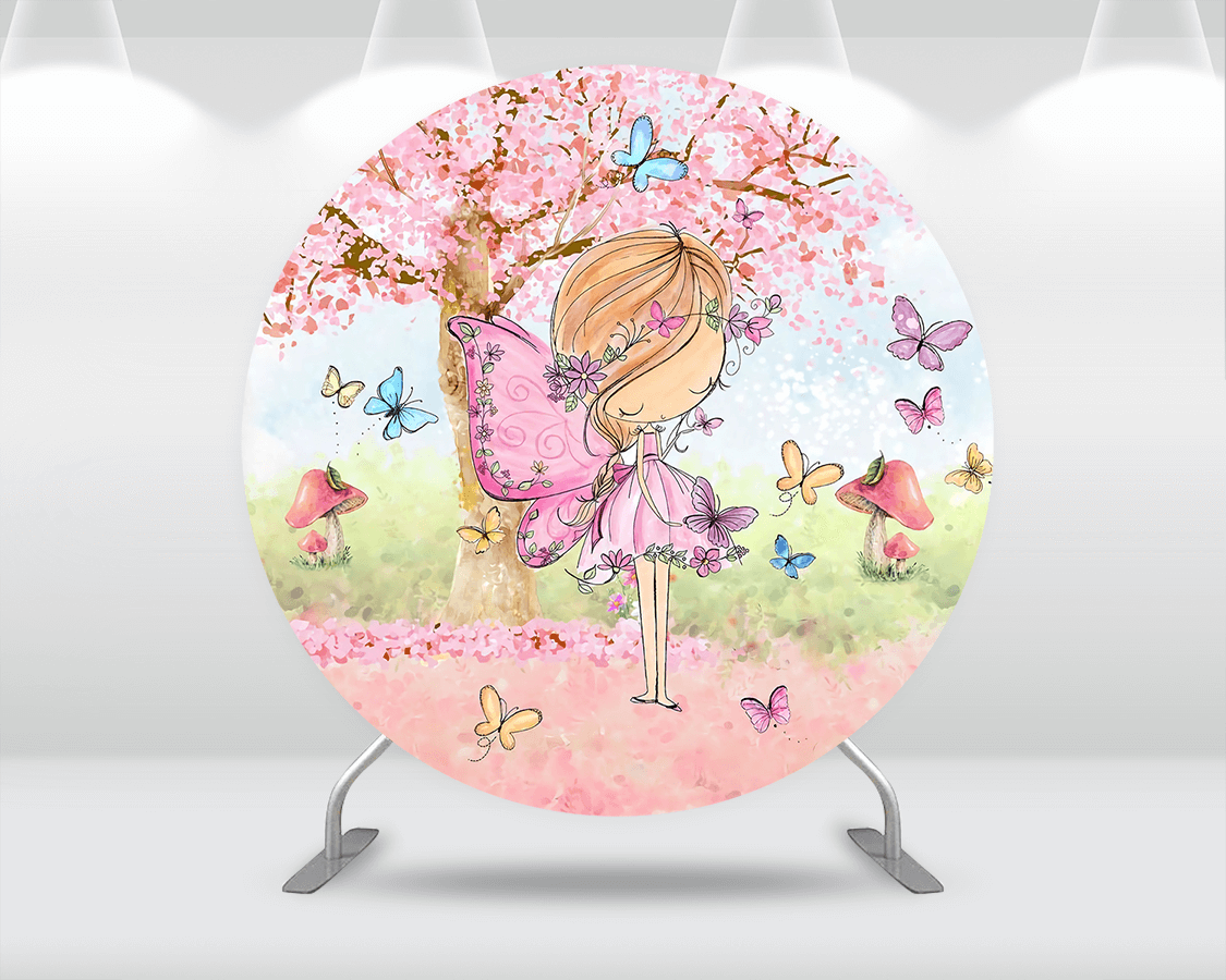 Girl Birthday Photography Round Backdrops Banners Watercolor Colorful Butterfly Fairy Circle Backgrounds Table Plinth Covers