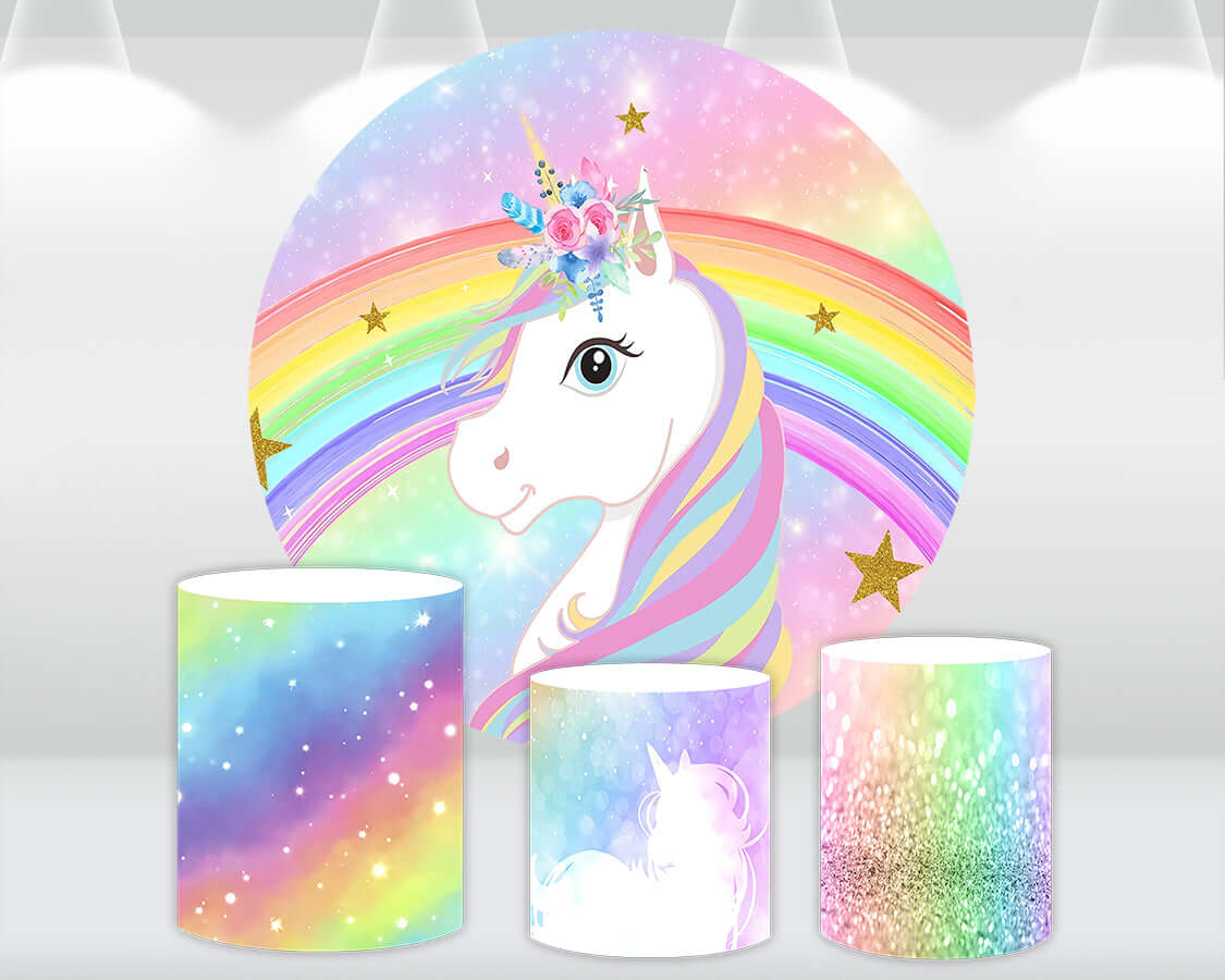 Unicorn Birthday Circle Round Backdrop Cover Rainbow Unicorn Party Background Custom Baby Shower Photocall