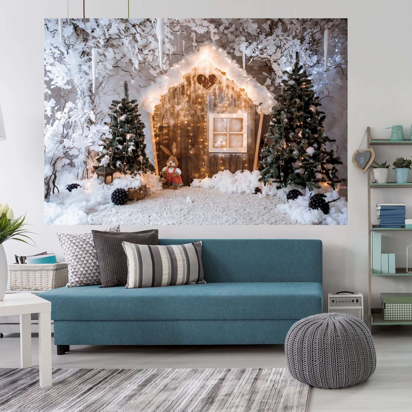 Winter Christmas Photo Backdrop Shiny Wood Cabin Cartoon Forest Snowscape Pine Trees Child Shoot Party Photography Background