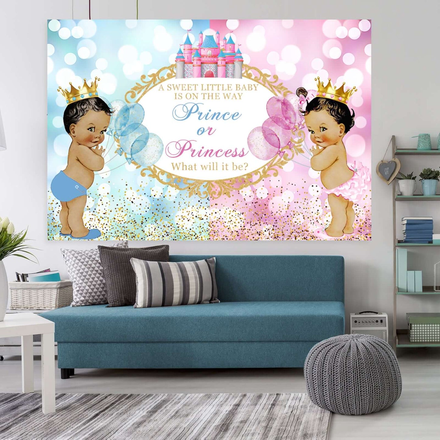 Gender Reveal Party Photography Backdrops Prince or Princess Castle Banner Photobooth Boy or Girl Background