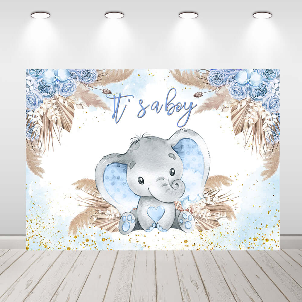 It's a Boy Elephant Baby Shower Photography Backdrop Floral Boho Birth