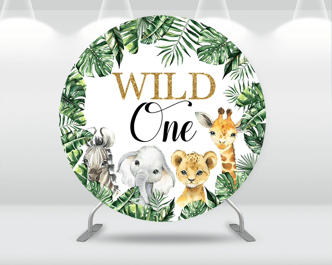 Safari 1st Birthday Round Backdrop Jungle Tropical Wild One Animal Party Newborn Baby Shower Background Circle Cylinder Cover