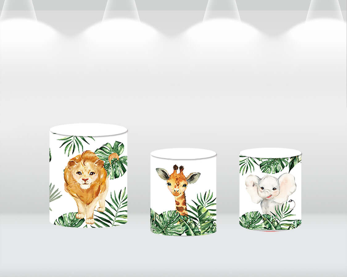 Safari 1st Birthday Round Backdrop Jungle Tropical Wild One Animal Party Newborn Baby Shower Background Circle Cylinder Cover