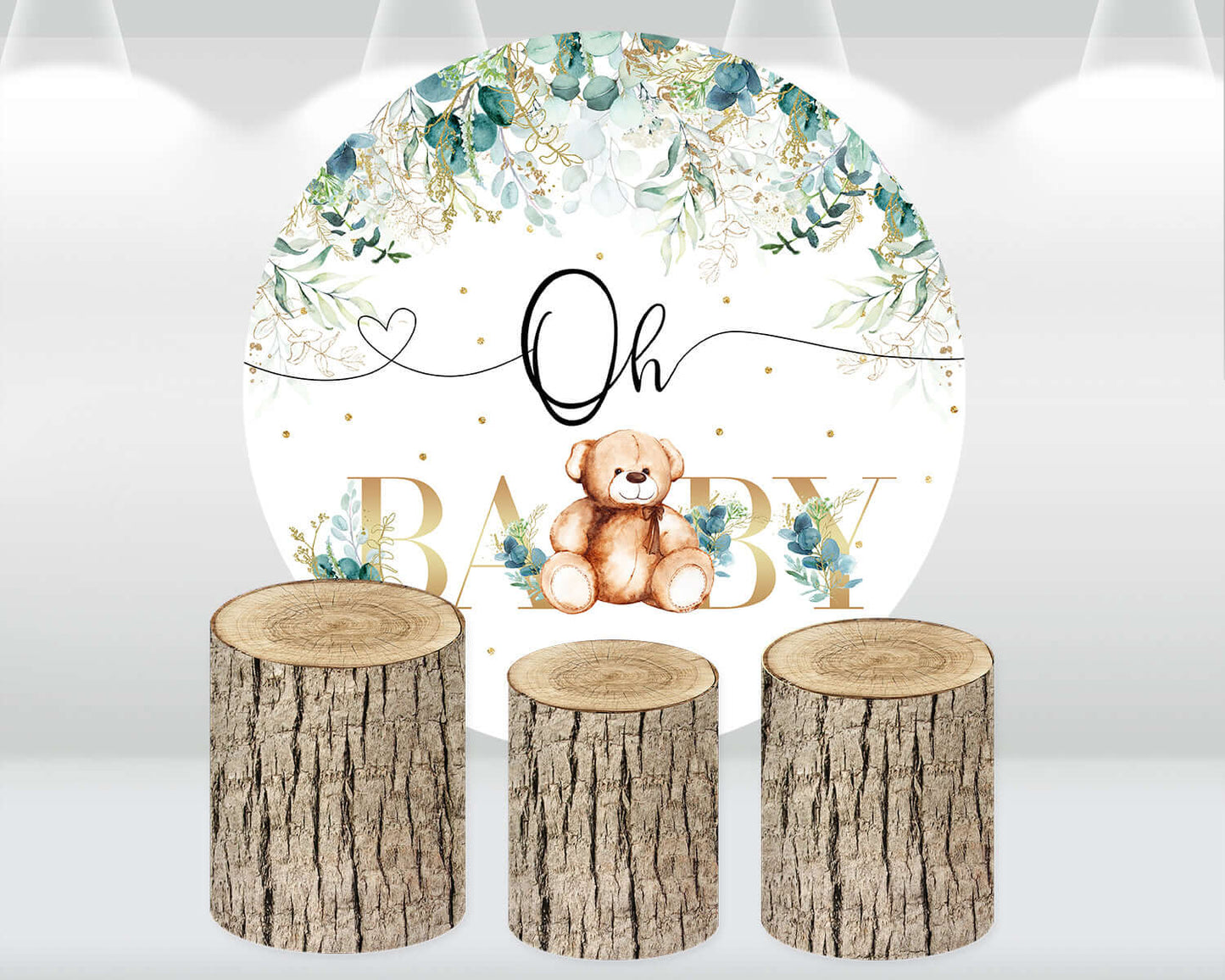 Oh Baby Bear Round Backdrop Circle Background Green Leaves Baby Shower Backdrops Wooden Cylinder Pillar cover