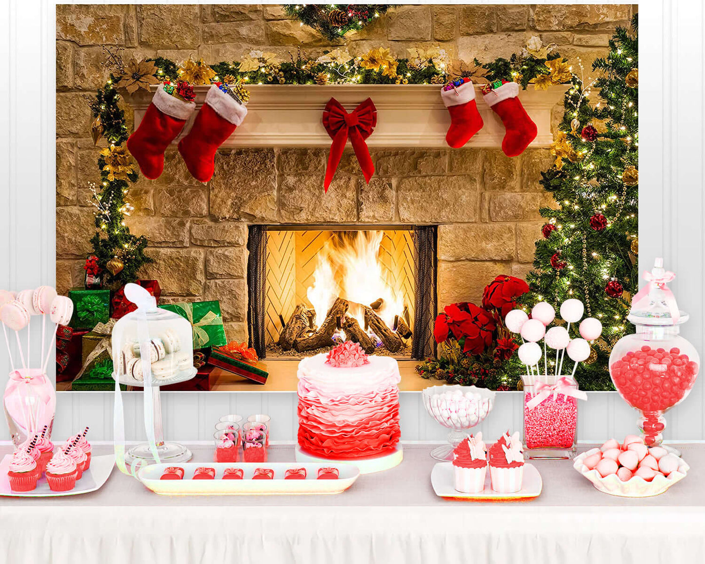 Christmas Fireplace Theme Backdrop for Photography Tree Sock Gift Decorations for Xmas Party Supplies Photo Background Pictures Banner Studio Decor Booth Props
