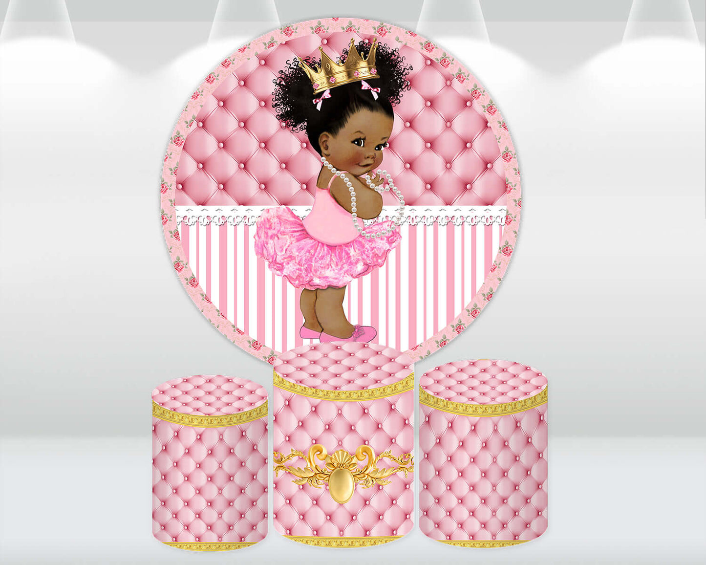 Pink Princess Girl Birthday Party Round Backdrop Cover Decoration Gold Crown Newborn Baby Shower Circle Background Pedestal Cover