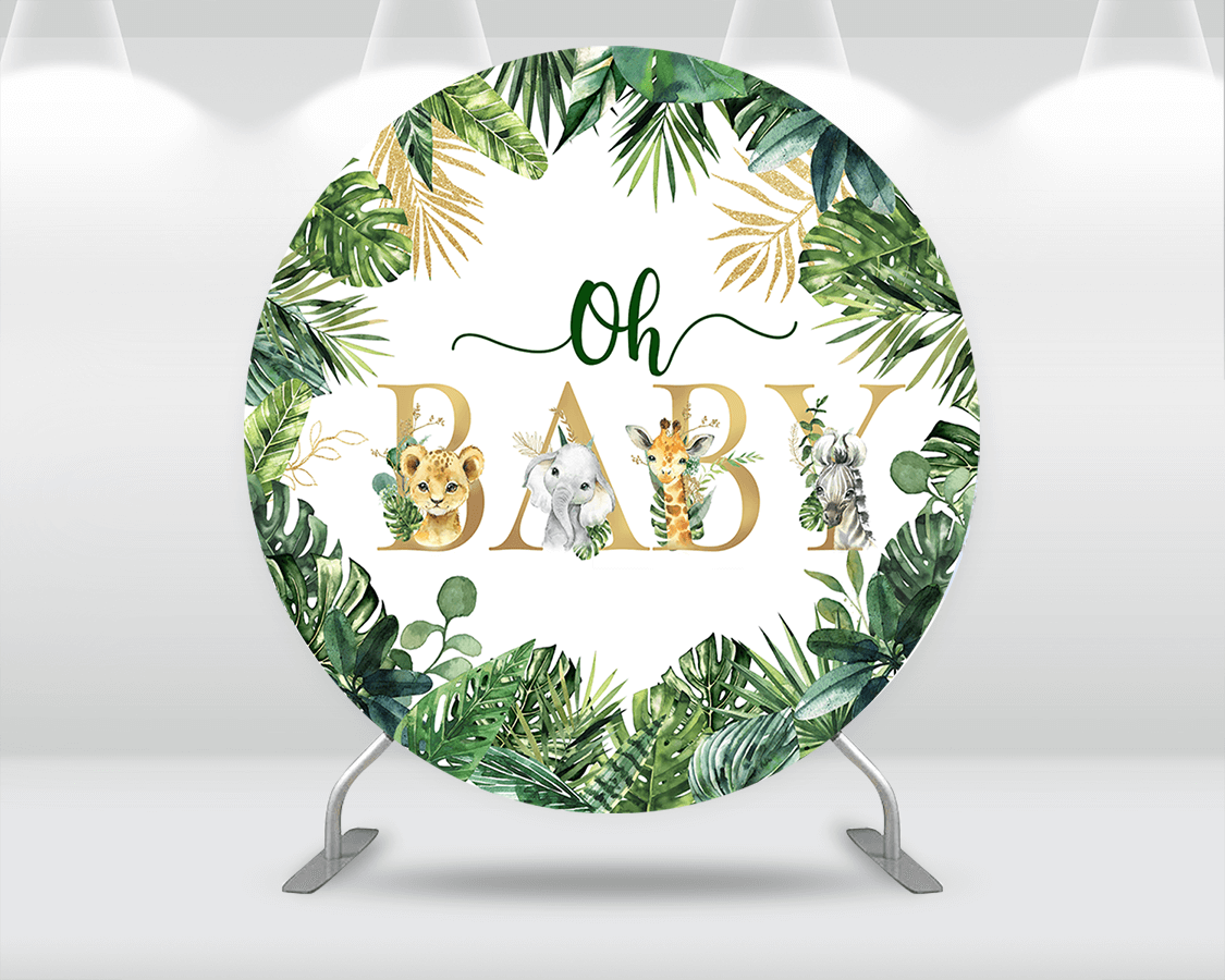 Oh Baby Theme Round Circle Backdrop Green Leaves Cake Table Decoration Props Background Newborn 1st Birthday Portrait Wood Pillar Covers