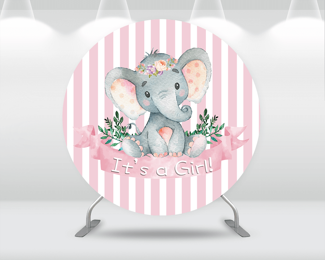 Sensfun Baby Elephant Pink Elephant Round Background Circle Photo Backdrop Birthday Party Decoration Table Pillar Cylinder Cover