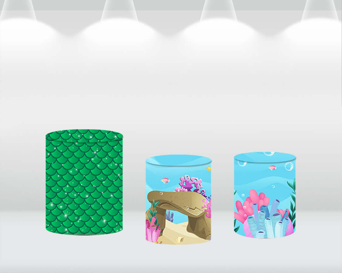 Undersea Mermaid Circle Round Backdrop Cover Coral Baby Girl Child Birthday Party Background Cylinder Pillar Covers Photo Studio