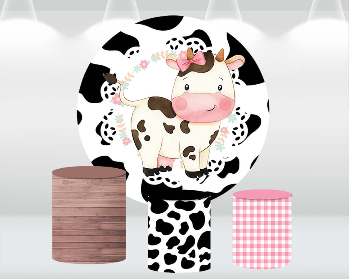 Cow Round Backdrop Cover Party Decoration for Kids Birthday Circle Backdrop Animals Wood table Cylinder Cover Photobooth
