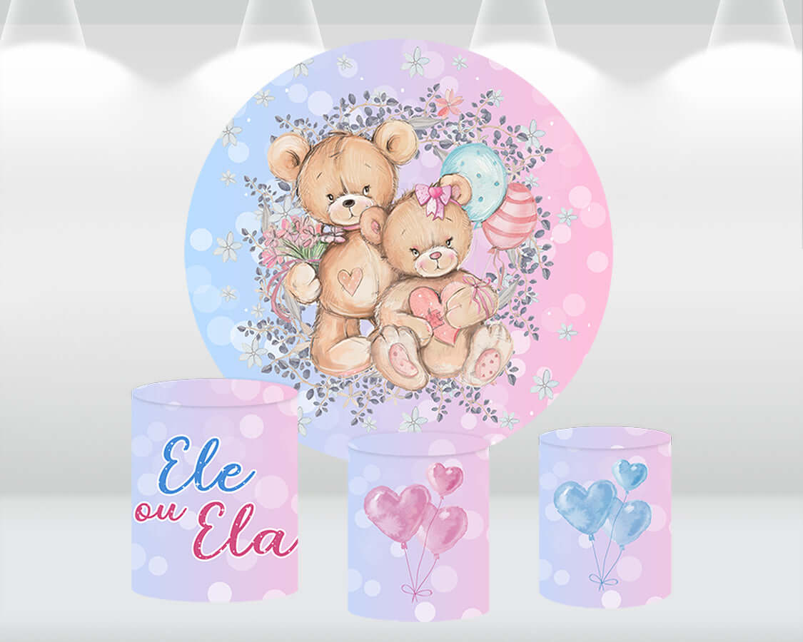 Gender Reveal Party Boy or Girl Round Backdrop Cover Custom Balloons Bear Baby Shower Circle Background Cake table Pillar Covers