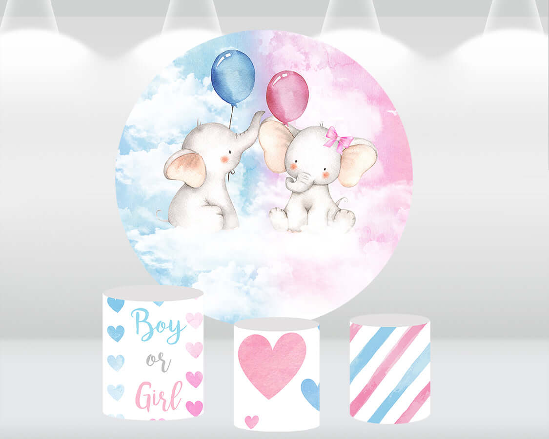 Custom Gender Reveal Party Background for Baby Shower Kids 1st Birthday Round Backdrop Cover Boy or Girl Elephant Cake table Banner