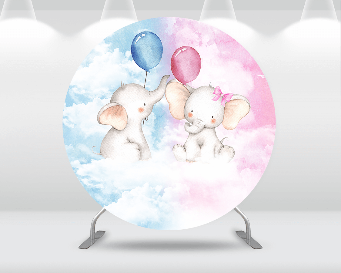 Custom Gender Reveal Party Background for Baby Shower Kids 1st Birthday Round Backdrop Cover Boy or Girl Elephant Cake table Banner
