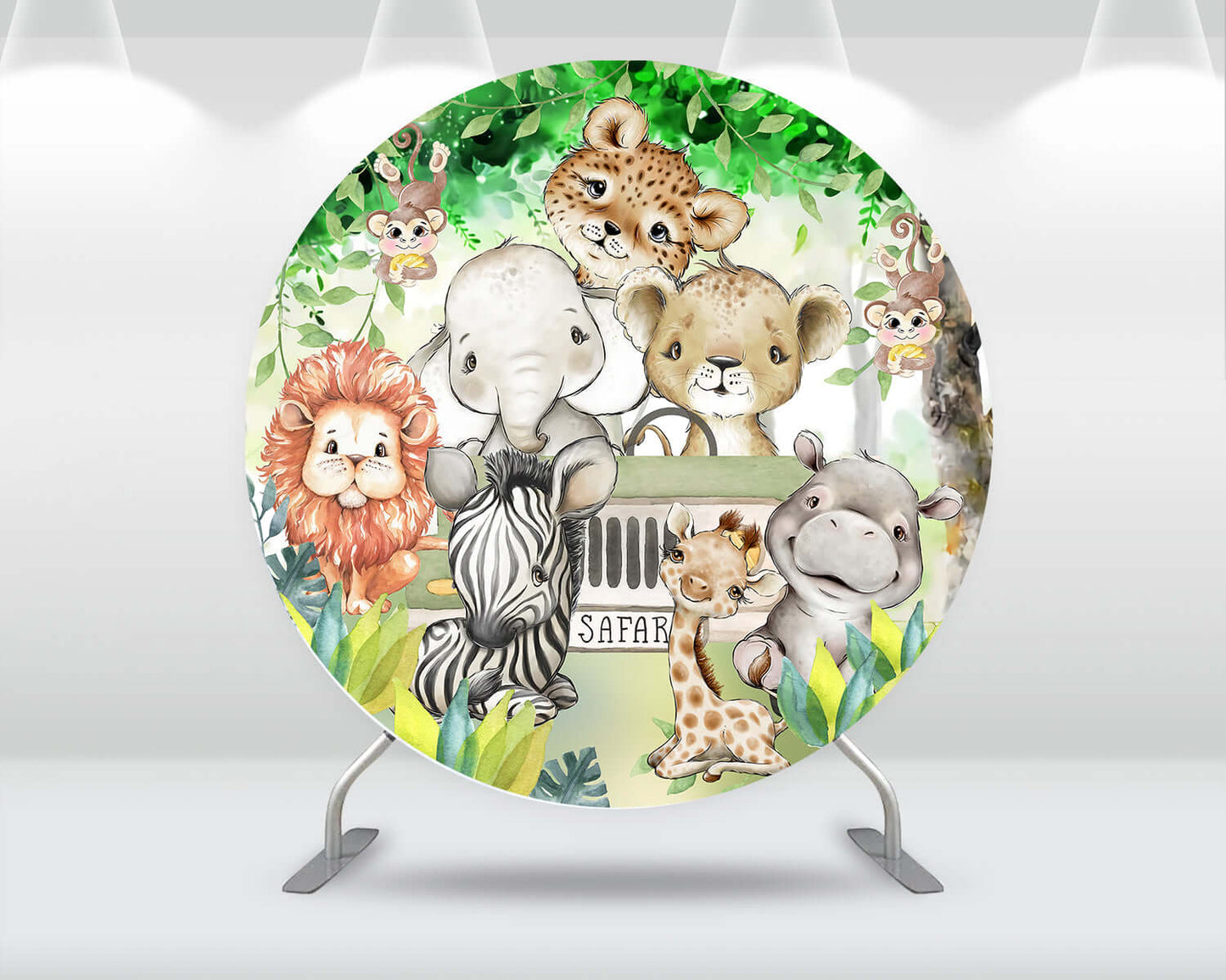 Round Circle Background Baby Shower Boy Birthday Arch Backdrop Jungle Green Leaves Animals Kids Party Decor Table Plinth Cover