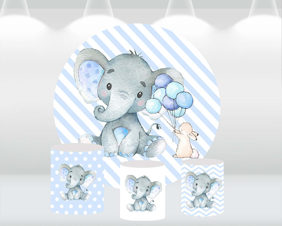 Little Elephant Round Backdrop Cover Blue White Stripes Balloon Baby Shower Photo Background for Photo Studio Photocall