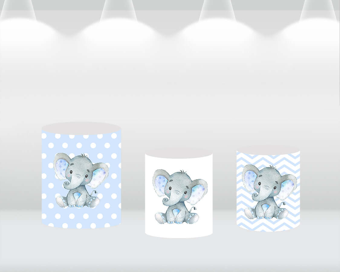 Little Elephant Round Backdrop Cover Blue White Stripes Balloon Baby Shower Photo Background for Photo Studio Photocall
