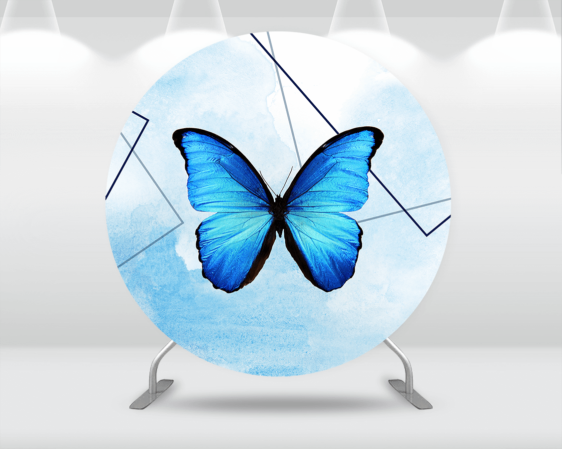 Blue Butterfly Birthday Round Circle Backdrop Flower Girl Fairy Princess Photo Background Cake Table Banner Decor Pillar cover