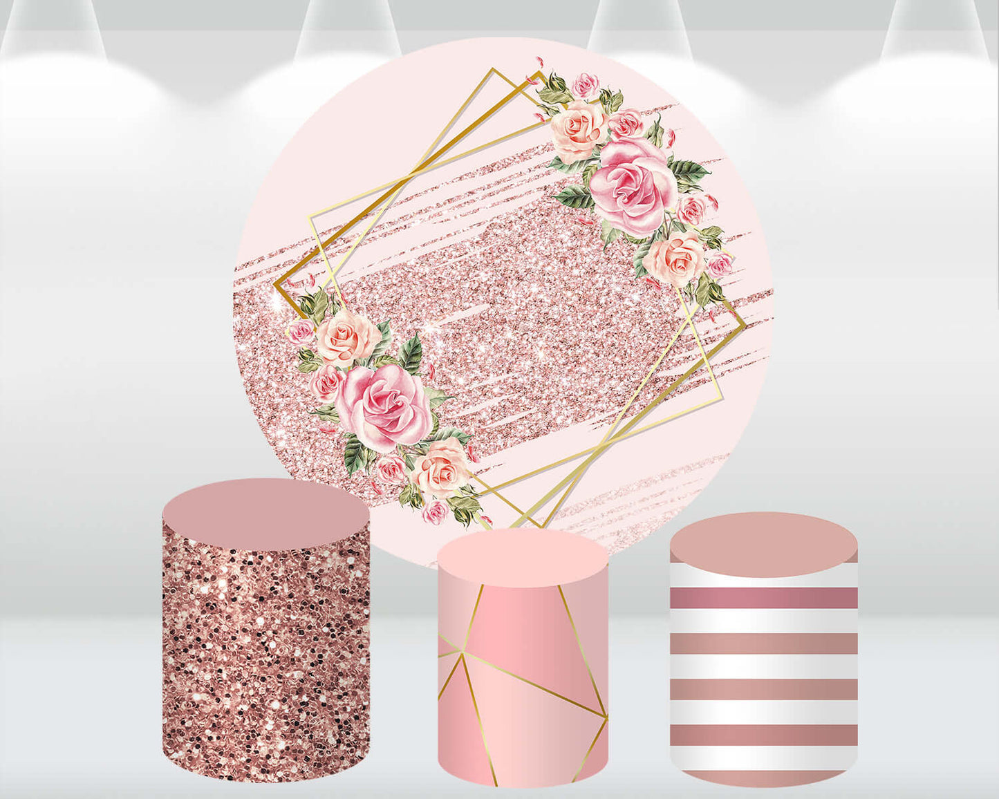 Rose Glitter Gold Baby Shower Round Backdrop Cover Photocall Flower Bridal Wedding Party Circle Photography Background Cylinder Pillar Cover