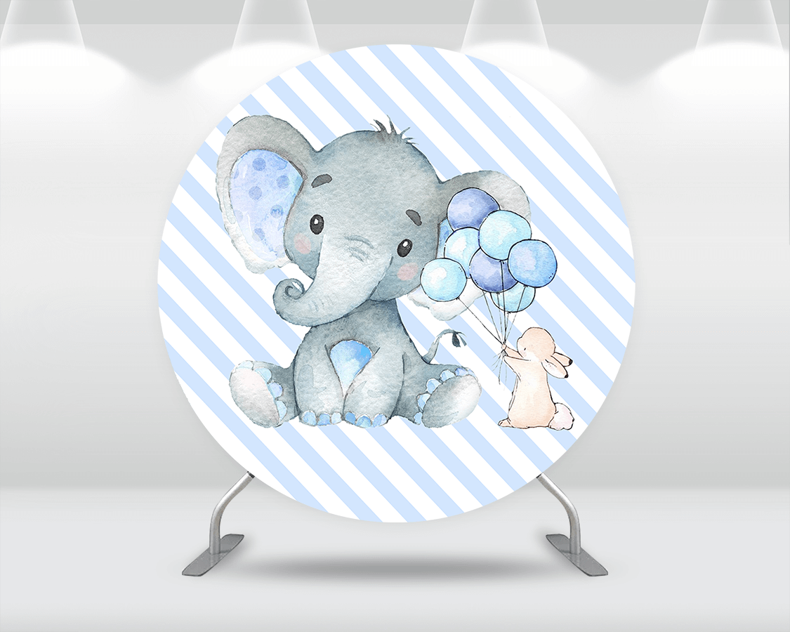 Little Elephant Round Backdrop Cover Blue White Stripes Balloon Baby Shower Photo Background for Photo Studio Photocall