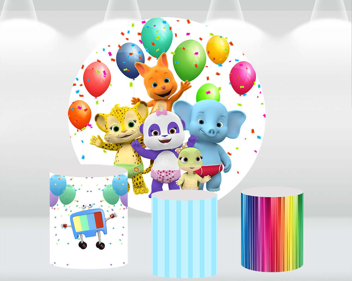 Sensfun Cartoon Word Party Round Backdrop Party Decoration Wallpaper Birthday Cake Table Banner Custom Circle Background Cylinder Cover