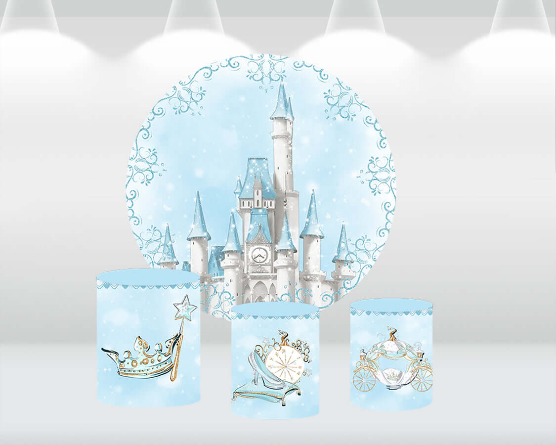 Sensfun Castle Princess Background Birthday Party Decoration Blue Cinderella theme Background Circle Pedestal Cover