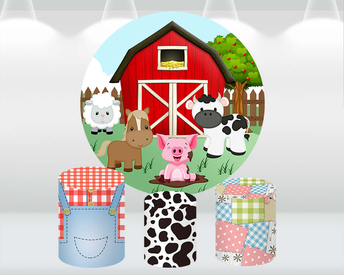 Sensfun Cartoon Animals Farm Theme Circle Round Backdrop Cover Red White Plaid Kids 1st Birthday Party Background Pillar Plinth Covers