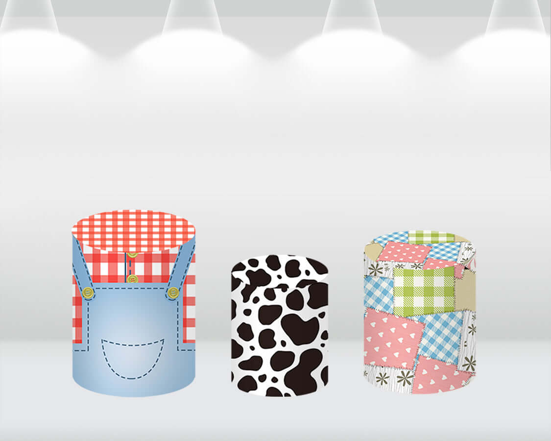 Sensfun Cartoon Animals Farm Theme Circle Round Backdrop Cover Red White Plaid Kids 1st Birthday Party Background Pillar Plinth Covers