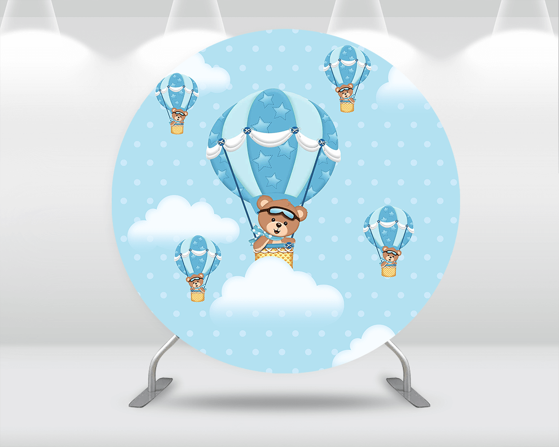 Sensfun Circle Round Background Blue Hot Air Balloon Bear Boy 1st Birthday Party Cake Table Pillar Covers Photo Studio