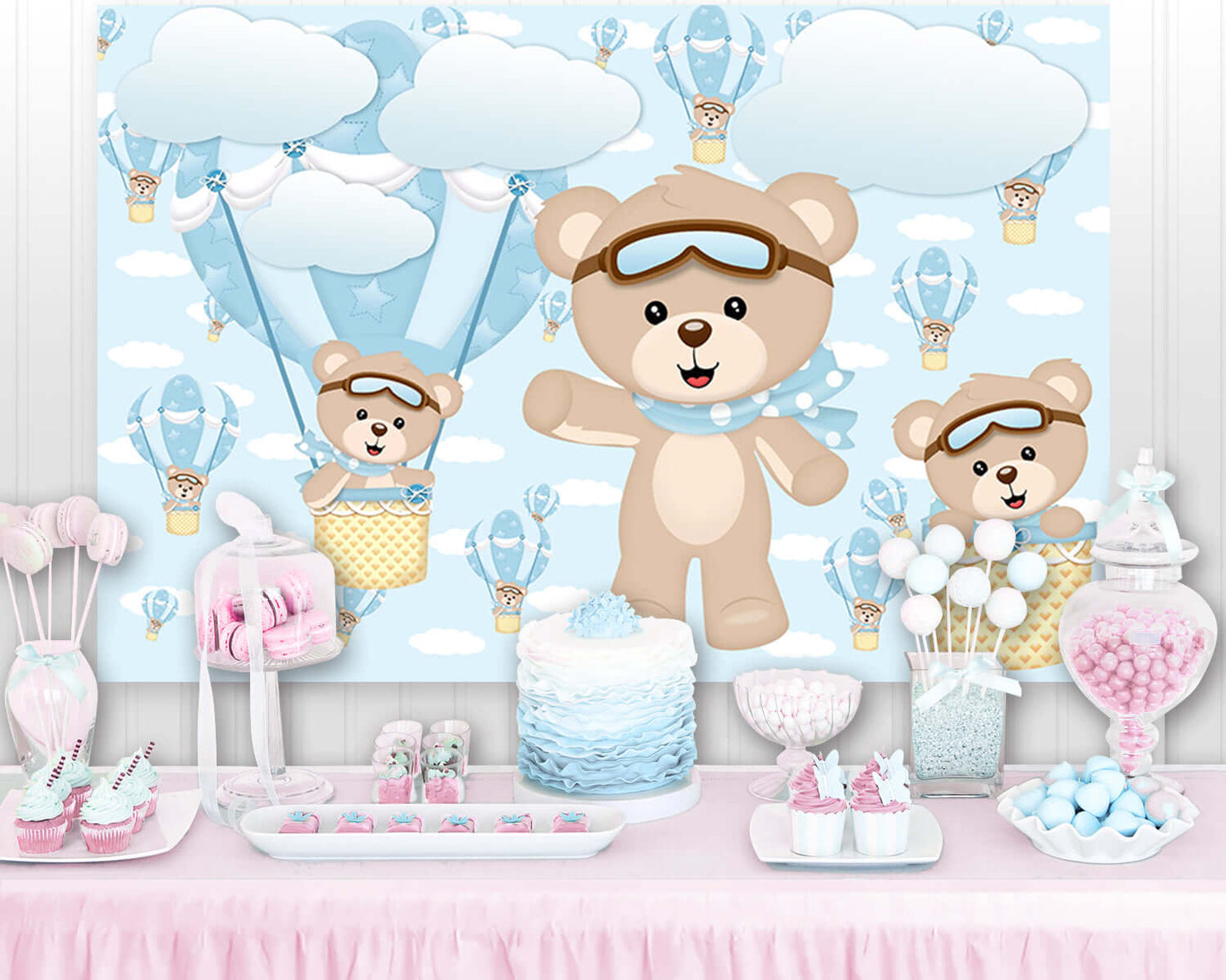 Hot Air Balloons White Clouds Newborn Baby Shower Bear Boy Birthday Backdrop Vinyl Photography Background For Photo Studio