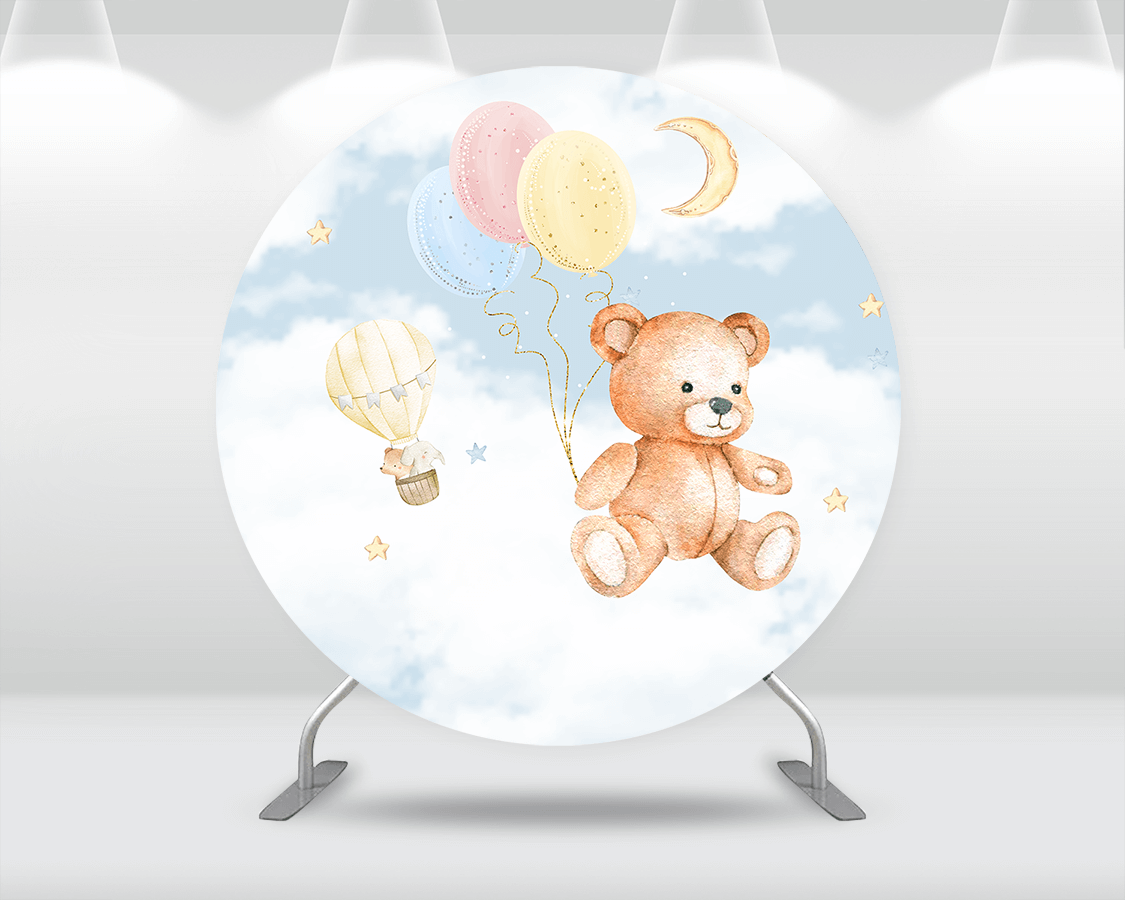 Cartoon Bear Baby Shower Round Backdrop Cover Newborn Birthday Party Photography Background for Photo Studio Cake Table Pillar Covers