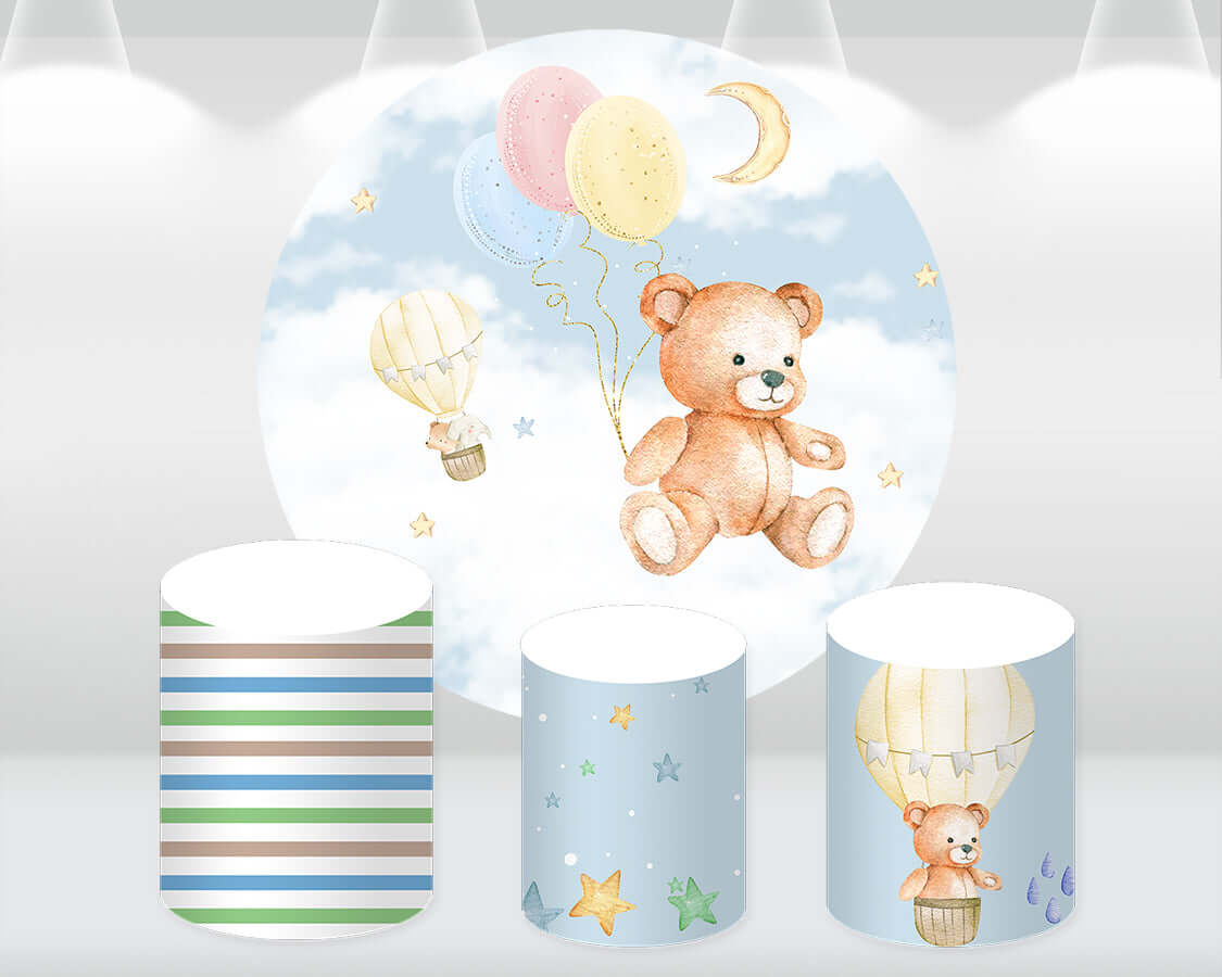 Cartoon Bear Baby Shower Round Backdrop Cover Newborn Birthday Party Photography Background for Photo Studio Cake Table Pillar Covers