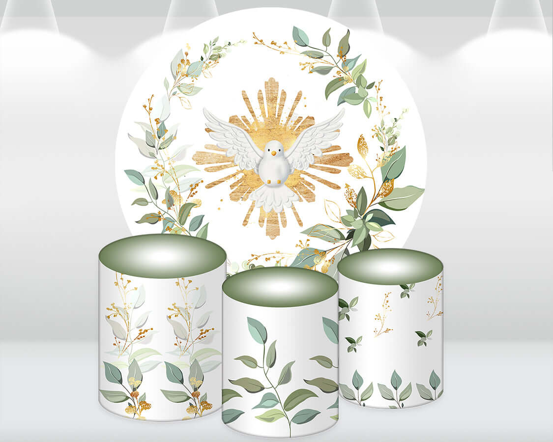 My First Communion Round Backdrop Cover Dove Baby Shower Mi Bautizo Background Green Leaves Arch Wall Backdrop Plinth Covers