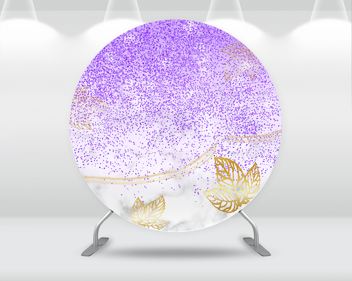 Purple Glitter Bridal Shower Wedding Party Decoration Gold Leaves Baby Birthday Round Circle Backdrop Cover