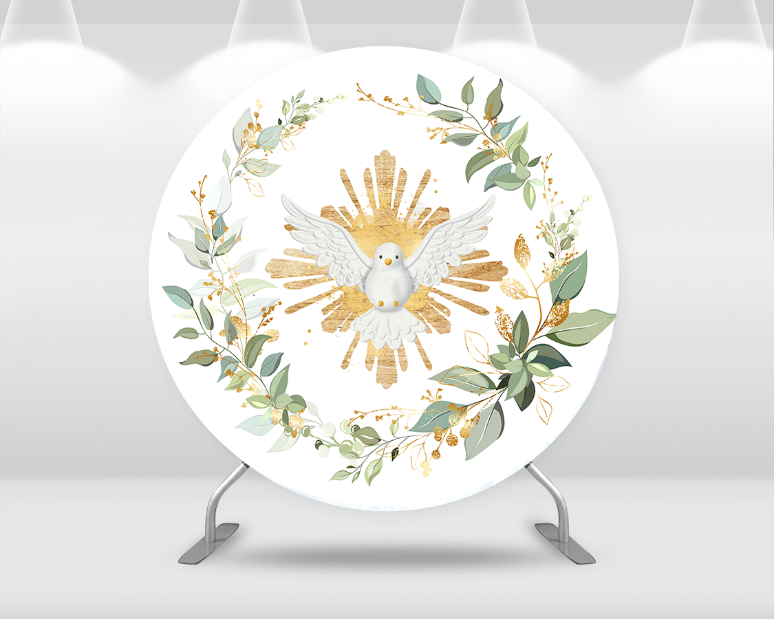 My First Communion Round Backdrop Cover Dove Baby Shower Mi Bautizo Background Green Leaves Arch Wall Backdrop Plinth Covers